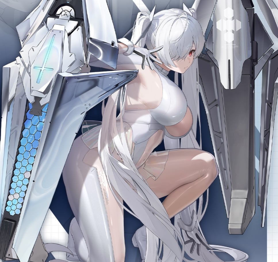 Cinderella NIKKE kneels down in white metallic dress