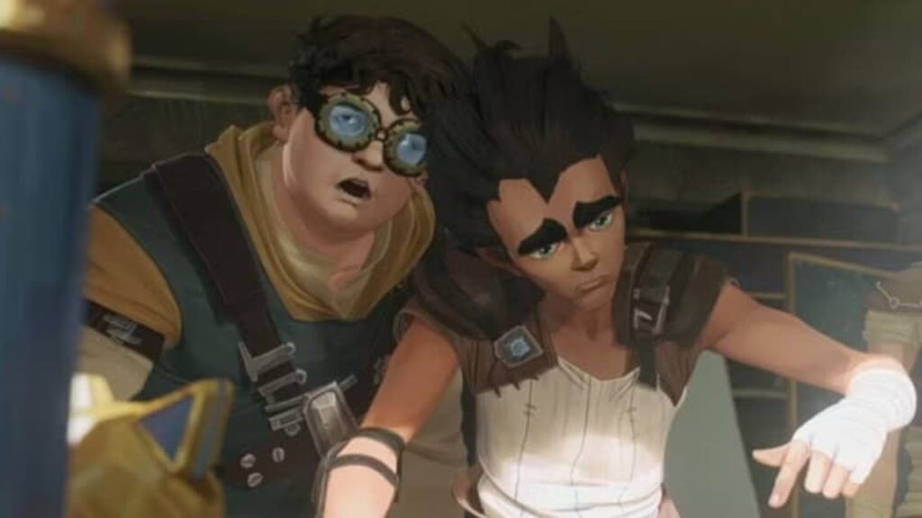 Claggor and Mylo from Arcane. Claggor is a boy with short hair and glasses, while Mylo has big eyebrows and spiked hair.