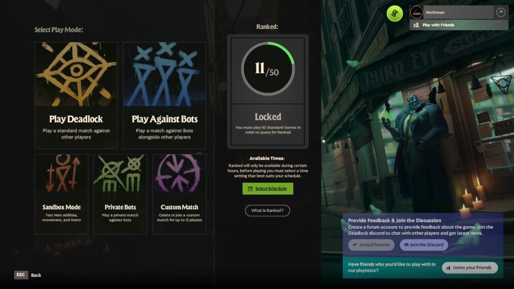The Deadlock ranked queue shows the schedule select and needed games played.