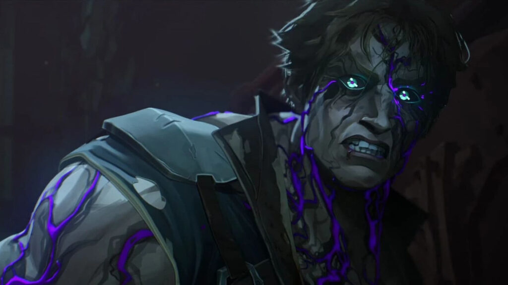 Deckard after using Shimmer. He's a man with short hair and literally white skin, which resembles a zombie.