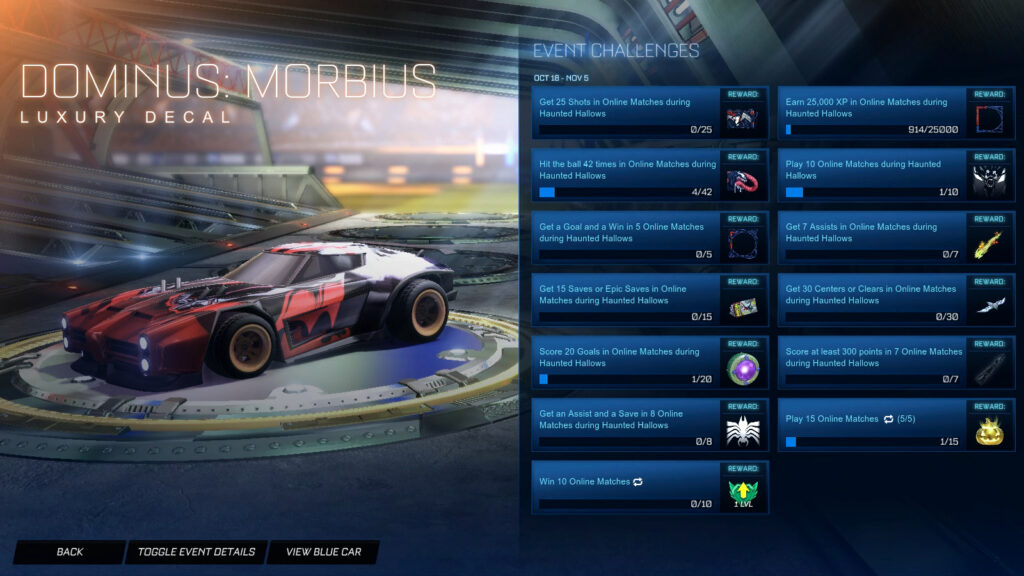 The Rocket League Spider-Man Challenge “Play 10 online matches” and the reward “Morbius: Decal”