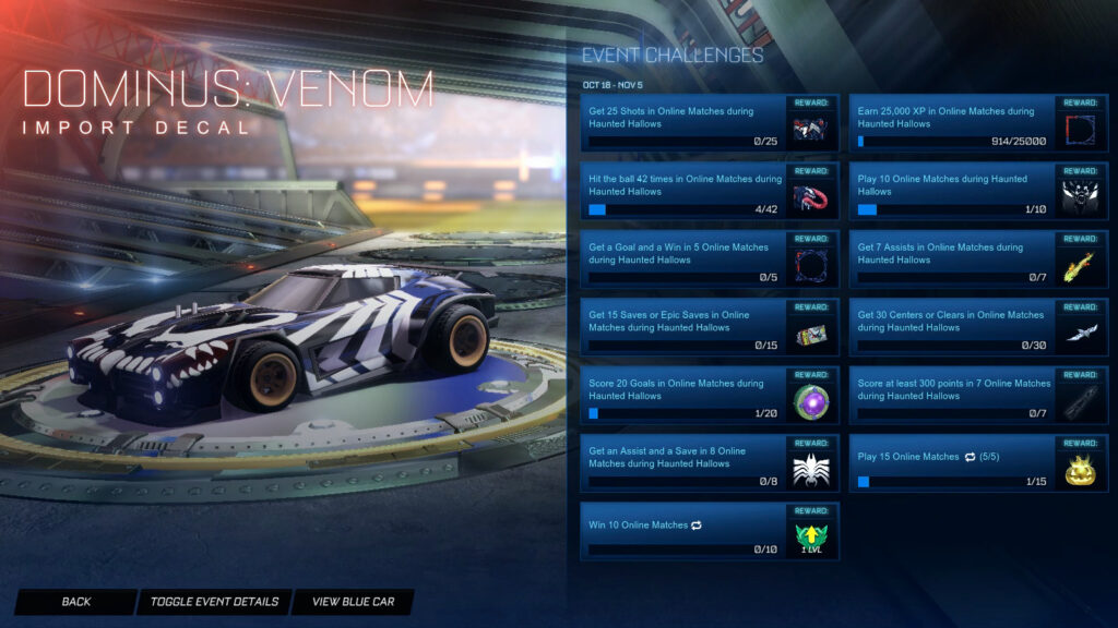 The Rocket League Spider-Man Challenge “Get an assist and a save in 8 online matches” and the reward “Dominus Venom: Decal”