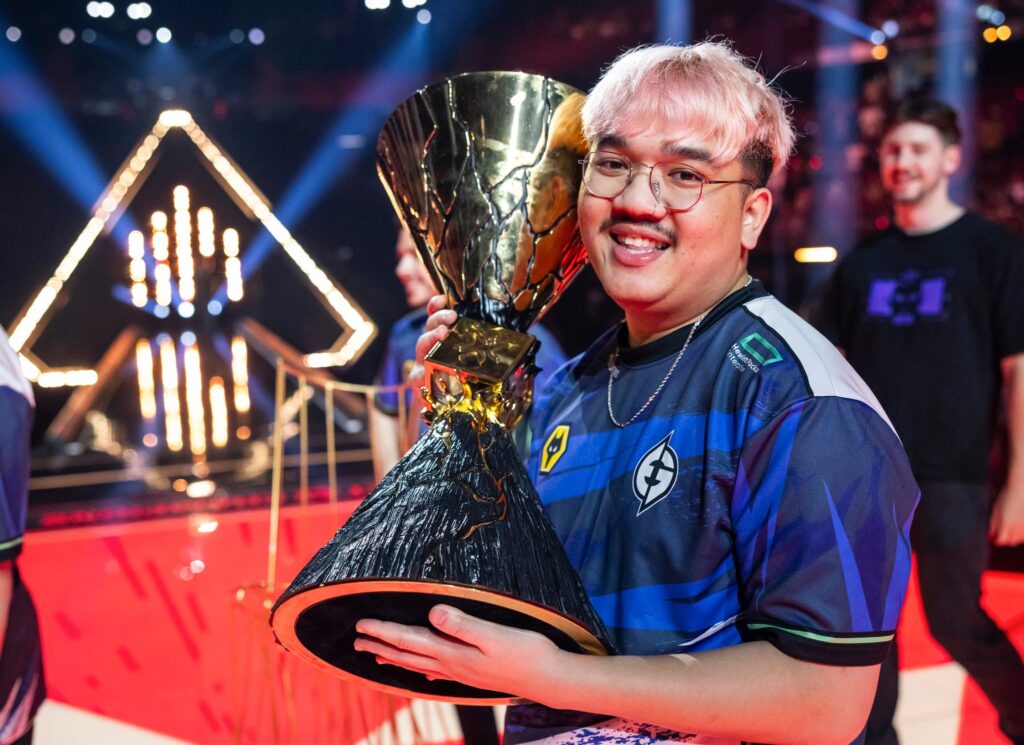 Alexander "jawgemo" Mor of Evil Geniuses poses with the VALORANT Champions Los Angeles Trophy after victory at the Grand Finals at the Kia Forum on August 26, 2023 in Los Angeles, California. 