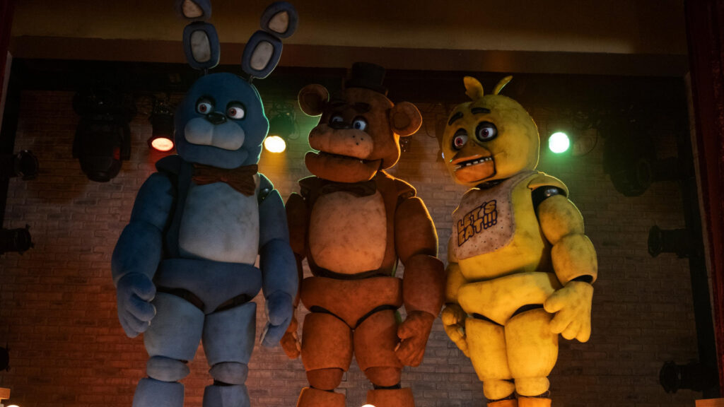 Some of the FNAF main characters in the first movie. From the left to right, Bonnie, Freddy, and Chica.
