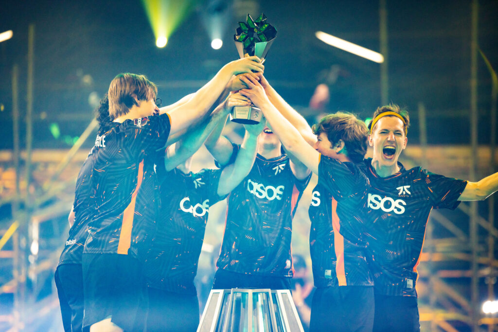 Fnatic onstage with the Valorant trophy after winning the VALORANT Champions Tour 2023: LOCK//IN Finals on March 4, 2023 in Sao Paulo, Brazil. (Photo by Colin Young-Wolff/Riot Games)
