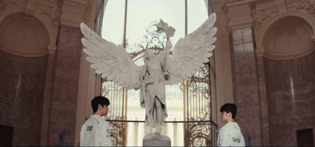 Chovy and Faker exchange words during the Worlds 2024 Semifinals teaser, The Believer and the God.