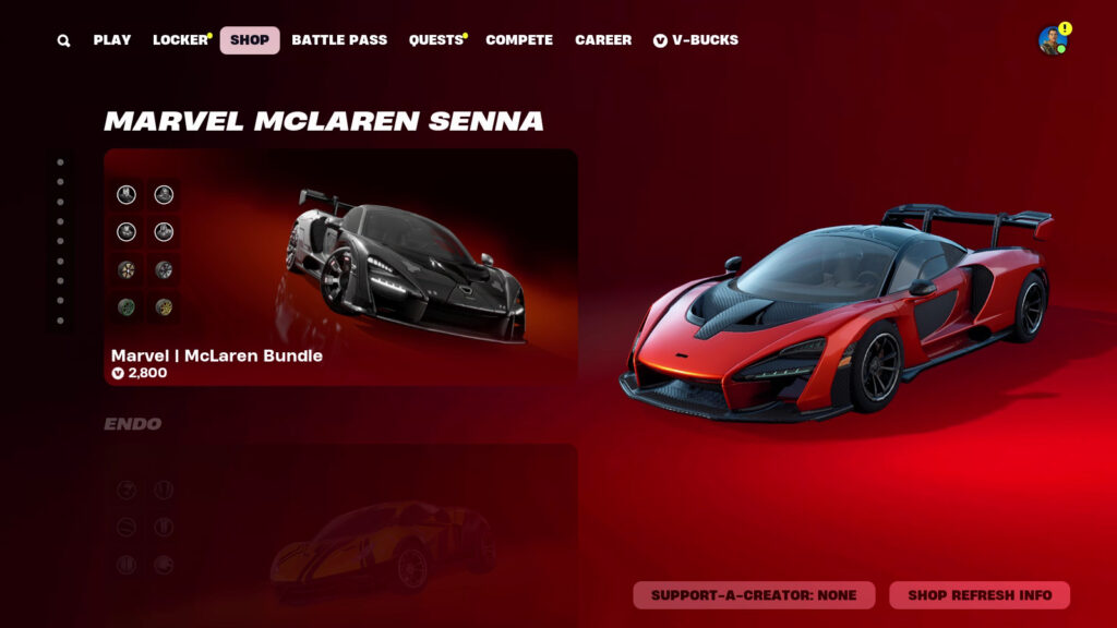 The car bundle McLaren Senna is available in Fortnite: one purchase for this game and also for Rocket League and Rocket Racing.