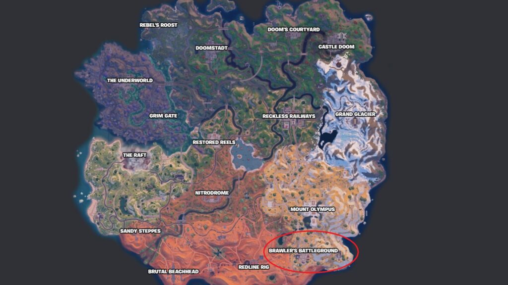 The Fortnite map in 2024 during the Doom update.