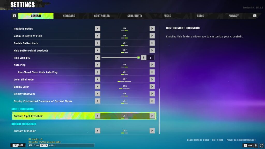 The options to toggle on to customize your crosshair in FragPunk.