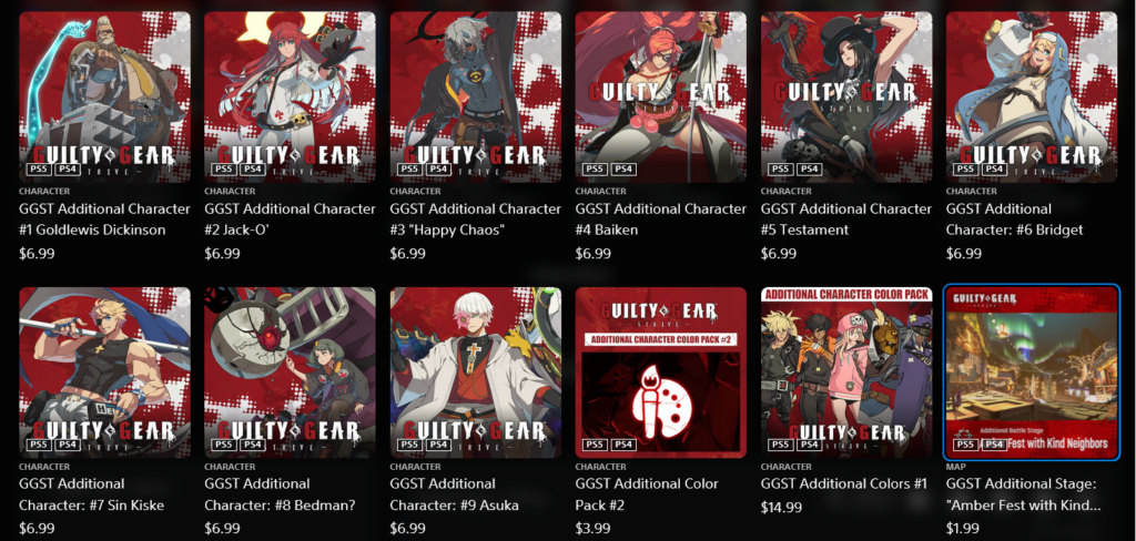 This is a screenshot from the PlayStation Store. It shows add-ons for the fighting game Guilty Gear Strive: specifically, DLC characters