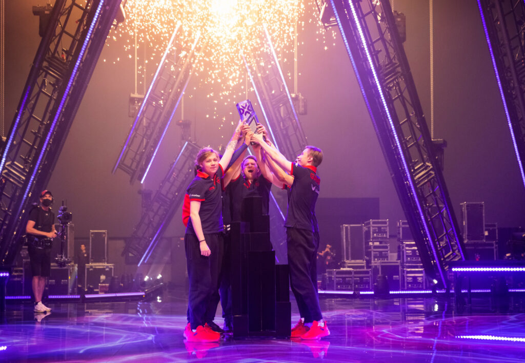 Team Gambit Esports poses with trophy in hand after victory at the VALORANT Champions Tour 2021: Stage 3 Masters Grand Finals on September 19, 2021 in Berlin, Germany. (Photo by Colin Young-Wolff/Riot Games)