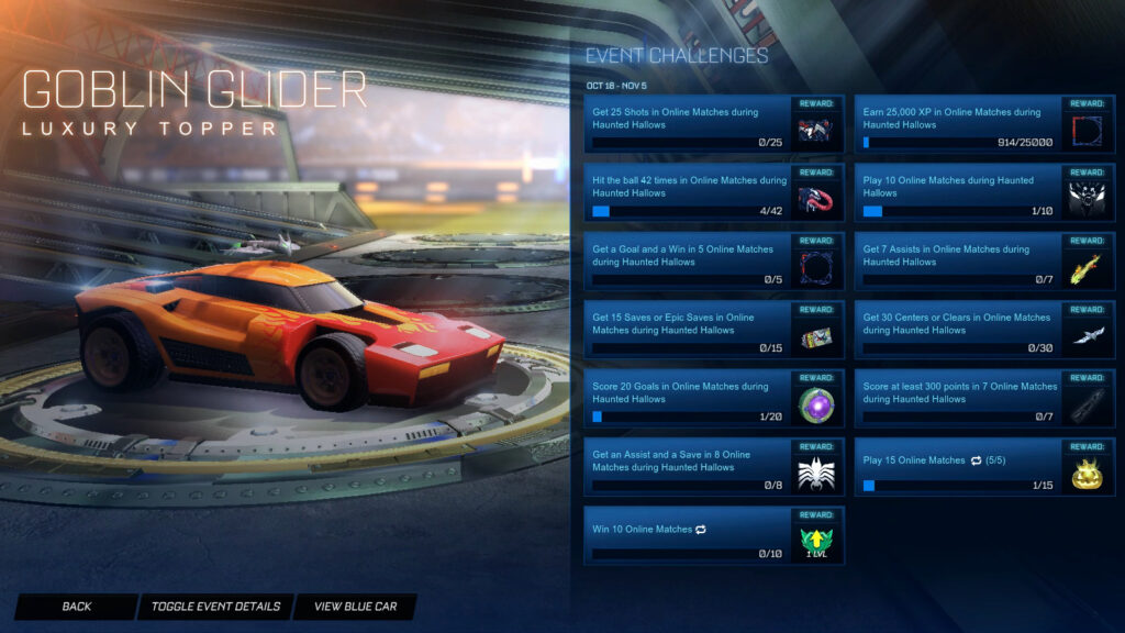 The Rocket League Spider-Man Challenge “Get 30 centers or clears” and the reward “Goblin Glider: Topper”