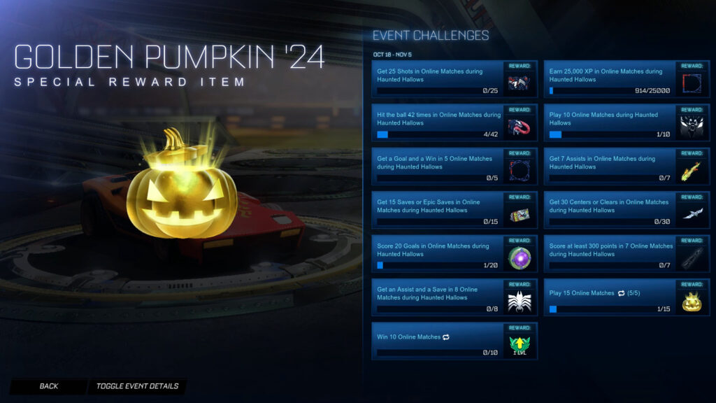 The Rocket League Spider-Man Challenge “Play 15 online matches” and the reward “Golden Pumpkin ‘24”