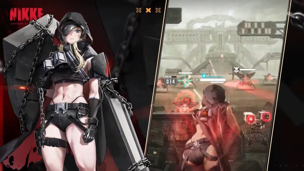 Grave NIKKE promo art and behind the back in-game