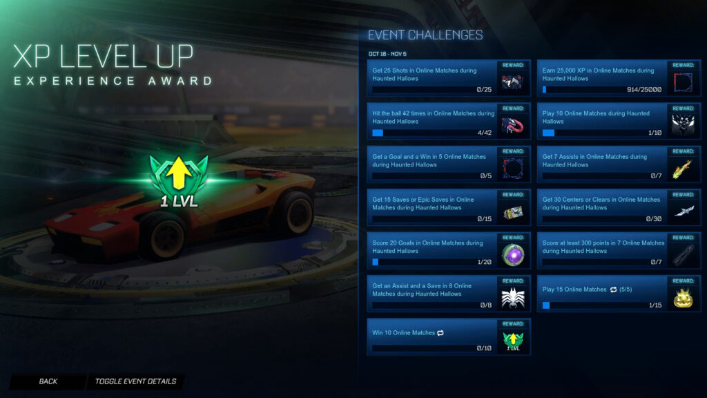 The Rocket League Spider-Man Challenge “Win 10 Online Matches” and the reward “Level-up”