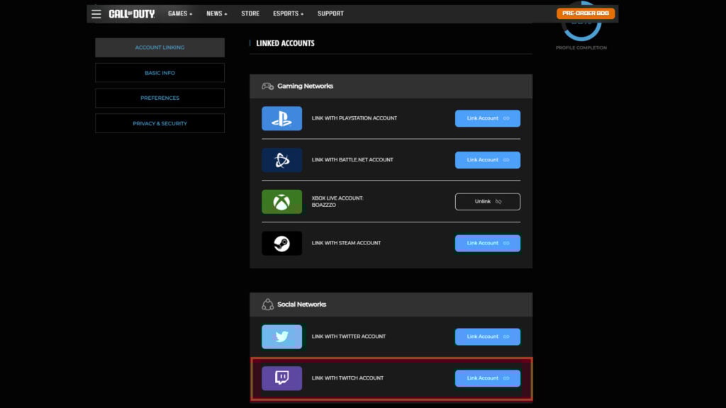 The info displayed on Account Linking in Activision ID.