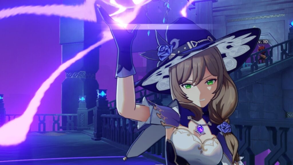 Lisa is charging an elemental attack in the ruins.