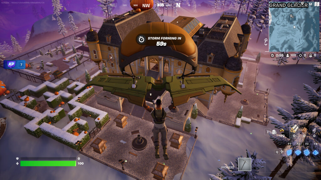 Fortnite player landing on the mansion located in Grand Glacier.