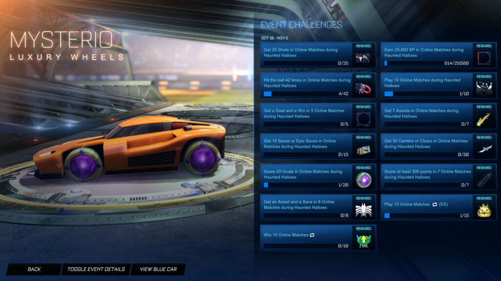 The Rocket League Spider-Man Challenge “Score 20 goals” and the reward “Mysterio:  Wheels”