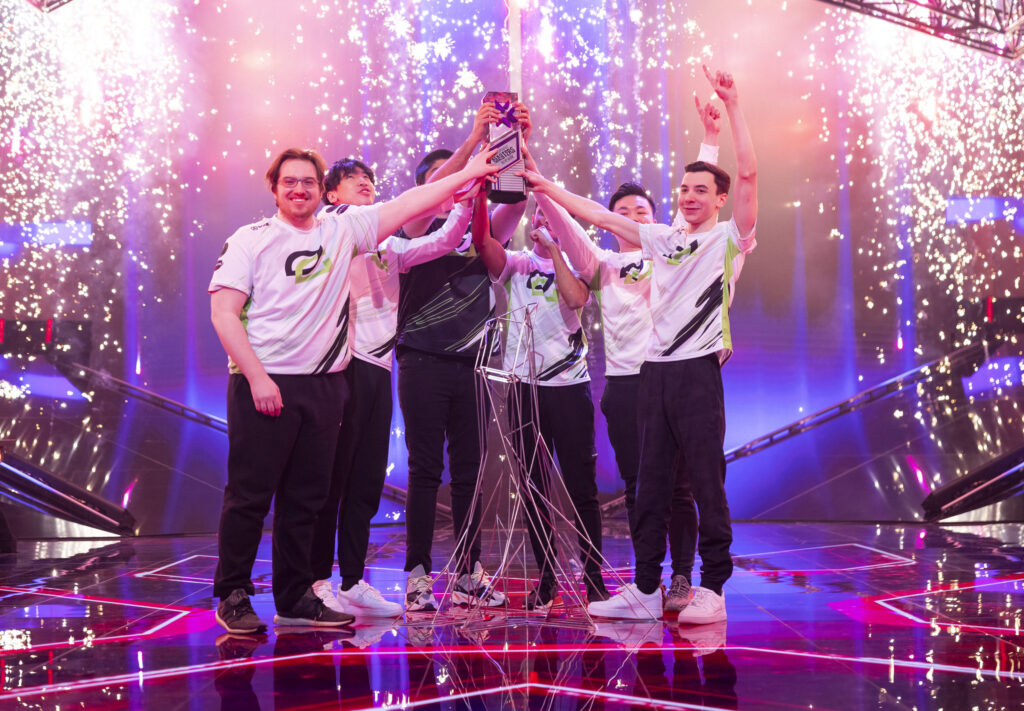 Team OpTic Gaming celebrates with a trophy lift after their victory at the VALORANT Masters Finals on April 24, 2022 in Reykjavik, Iceland. (Photo by Colin Young-Wolff/Riot Games)