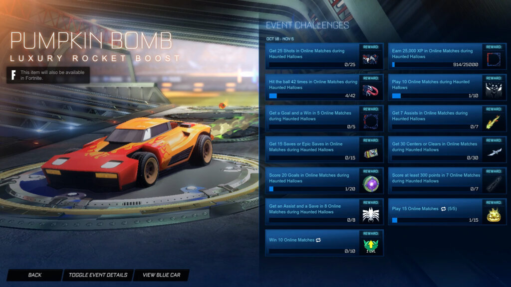 The Rocket League Spider-Man Challenge “Get 7 assists” and the reward “Pumpkin Bomb: Rocket Boost”