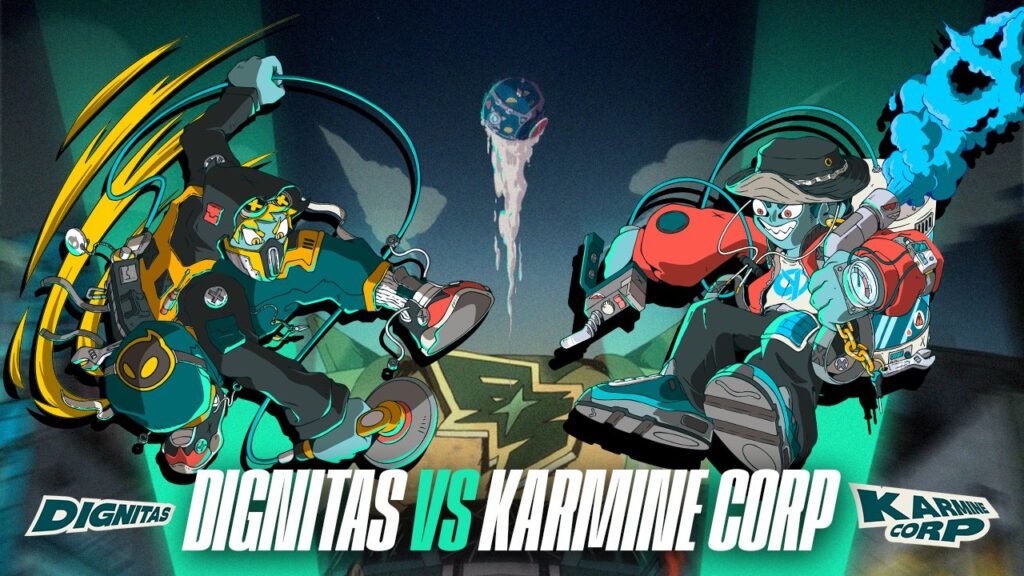 This is an artistic poster for the Rocket League esports match between Karmine Corp and Dignitas: the semi-final at the event Flip & Spin 2024