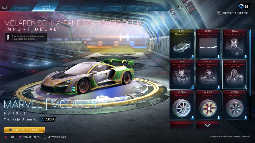 McLaren Senna in Rocket League with the decal Armor Doom