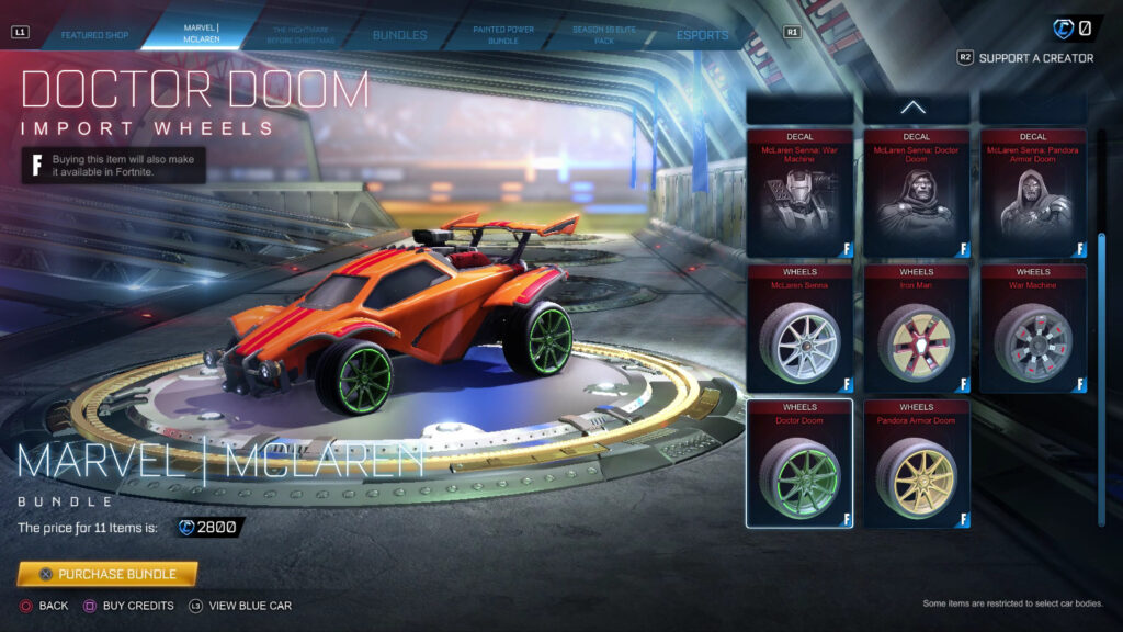 A set of Doctor Doom wheels for Rocket League McLaren Senna on a standard game car model