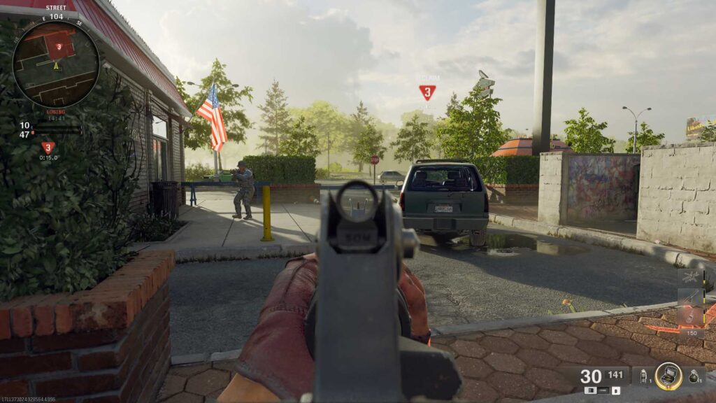 A player with a rifle takes aim at an enemy on the Rewind map in Black Ops 6, playing Hardpoint.