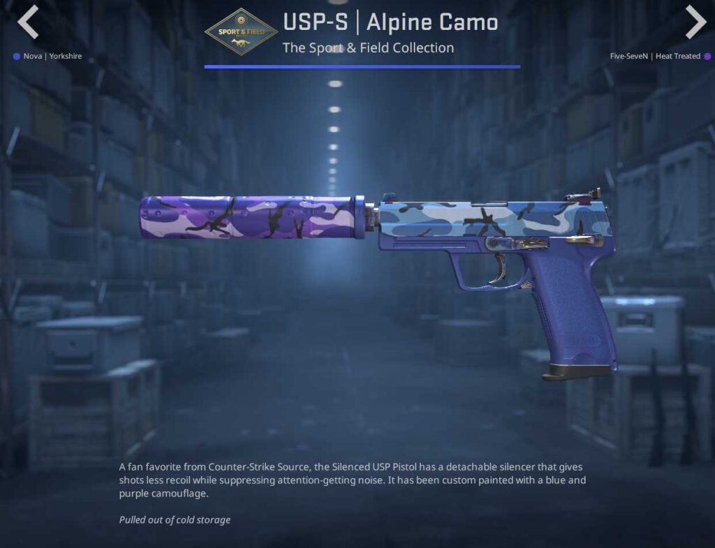 A screenshot of a weapon skin in the Sport & Field Case in CS2.