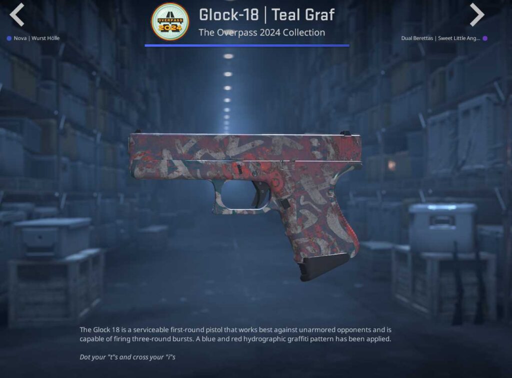 A screenshot of a weapon skin from the Overpass 2024 collection in CS2.