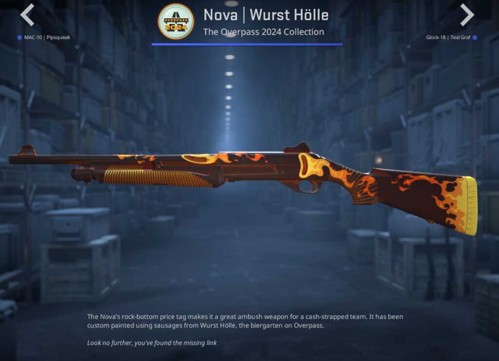A screenshot of a weapon skin from the Overpass 2024 collection in CS2.