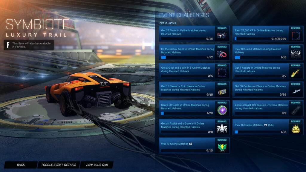 The Rocket League Spider-Man Challenge “Score at least 700 points in 7 online matches” and the reward “Symbiote: Trail”