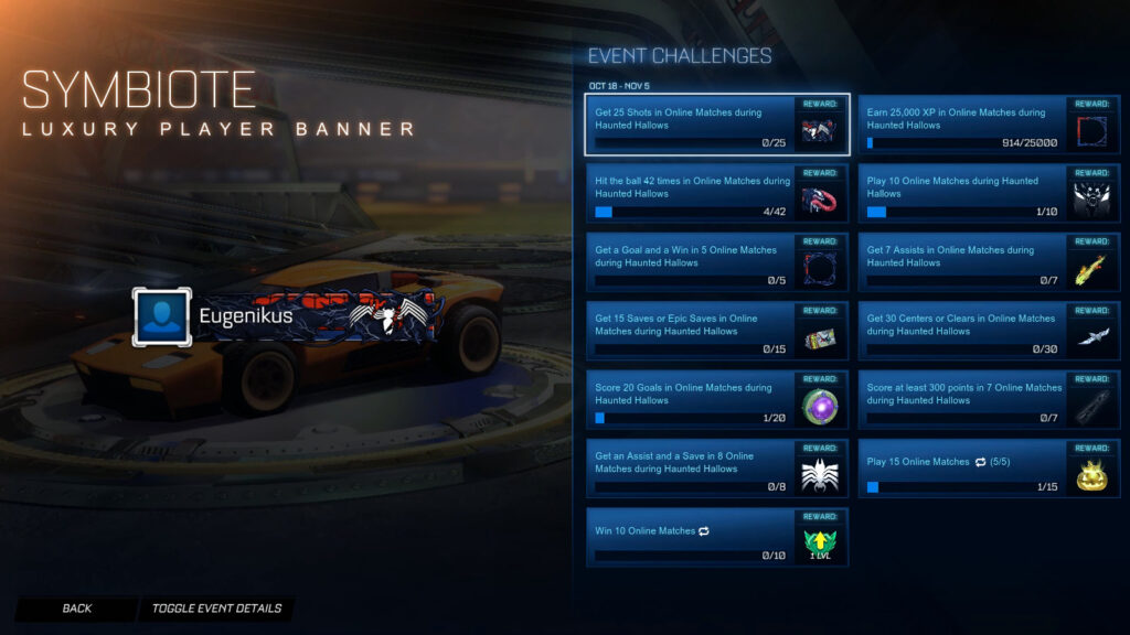 The Rocket League Spider-Man Challenge “Get 25 shots in online matches” and the reward “Symbiote: Player Banner”