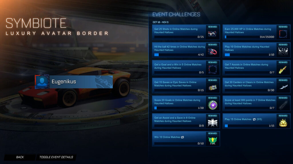 The Rocket League Spider-Man Challenge “Earn 25,000 XP in online matches” and the reward “Symbiote: Avatar Border”