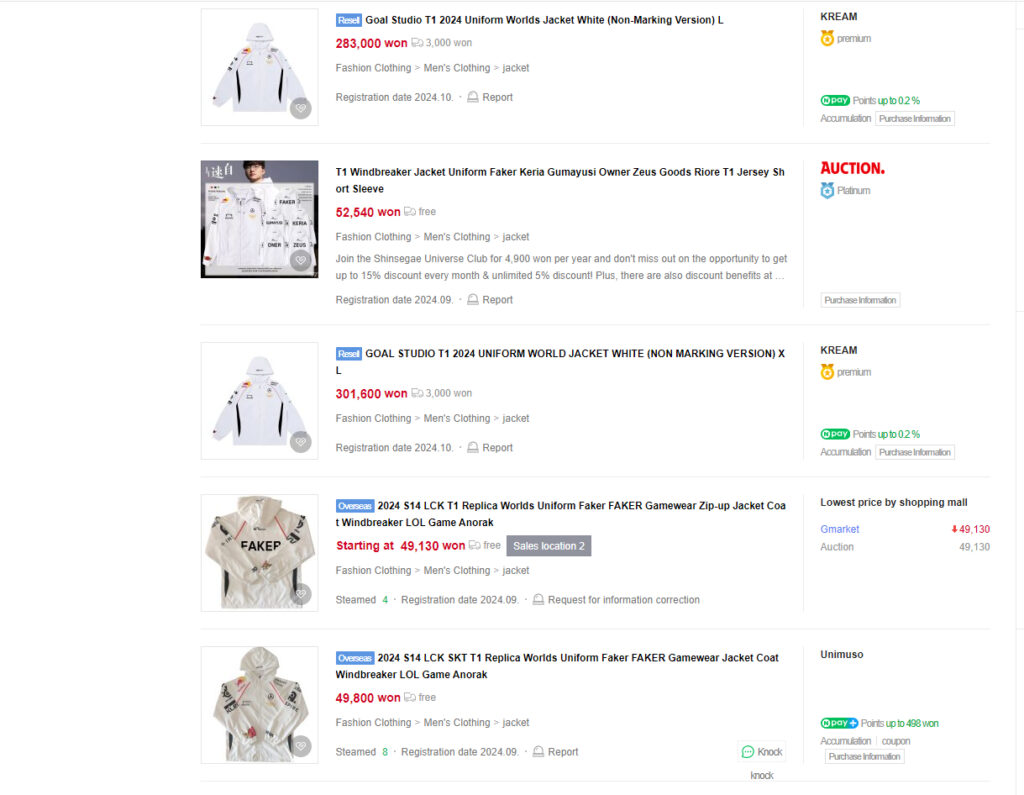 Several T1 Worlds 2024 jackets have been spotted on Naver, being resold at higher prices, even listed for auction