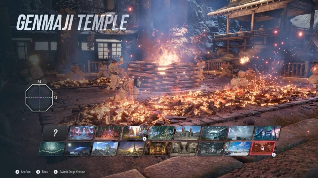 A screenshot from the fighting game TEKKEN 8, featuring the stage selection screen and the stage Genmaji Temple