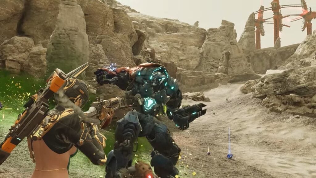 Ultimate Freyna shoots her weapon at a Vulgus enemy.