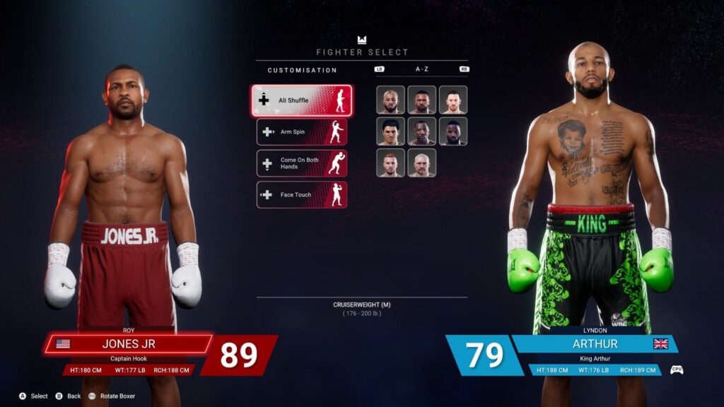 Roy Jones Jr. vs. Lyndon Arthur in the fighter selection screen, just two boxers on the Undisputed roster list.