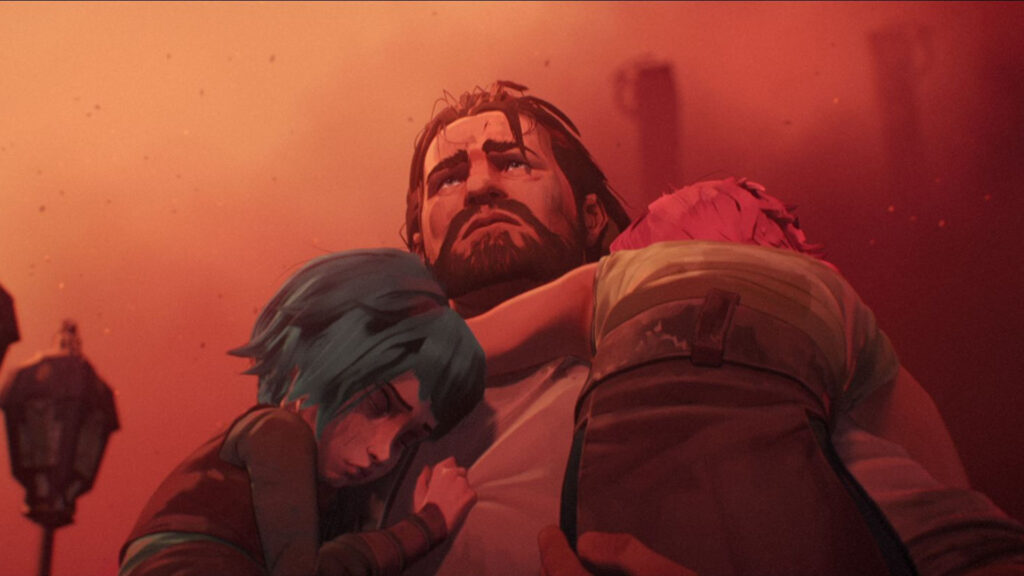 Vander from Arcane. Vander is a tall and strong man with long hair and beard. He's holding Powder and Vi in his arms.