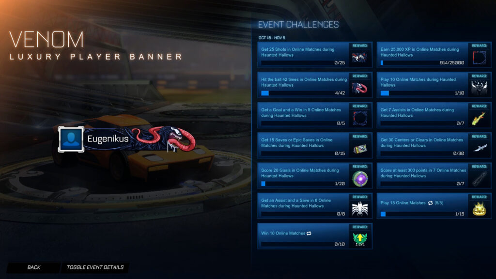 The Rocket League Spider-Man Challenge “Get 25 shots in online matches” and the reward “Symbiote: Player Banner”
