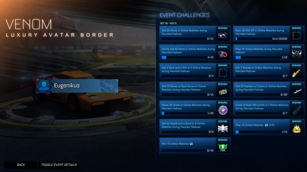 The Rocket League Spider-Man Challenge “Get a goal and win in 5 online matches” and the reward “Venom: Avatar Border”