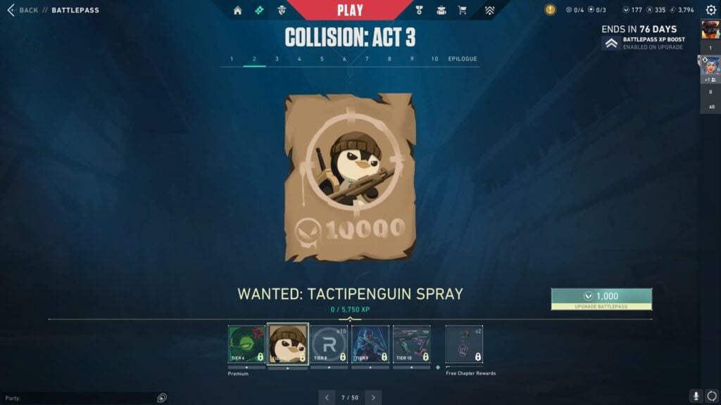 Wanted: Tactipenguin Spray in the VALORANT Episode 9 Act 3 Battle Pass.