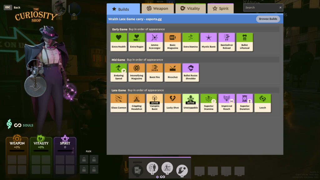 Screenshot taken of esports.gg's build for Wraith in Deadlock, which focuses on sacrificing health to inflict more damage.