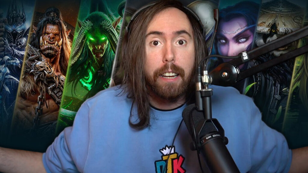 Asmongold leans forward speaking boisterously from his Twitch gaming room in front of a mural of World of Warcraft characters.