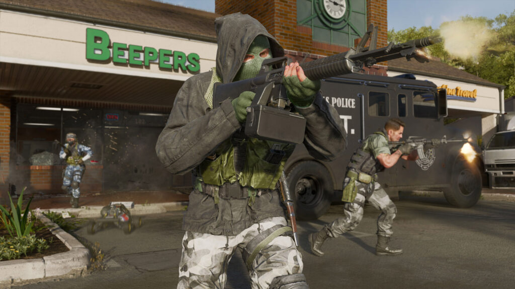 Three soldiers fire at enemies outside of a video store in Call of Duty Black Ops 6.