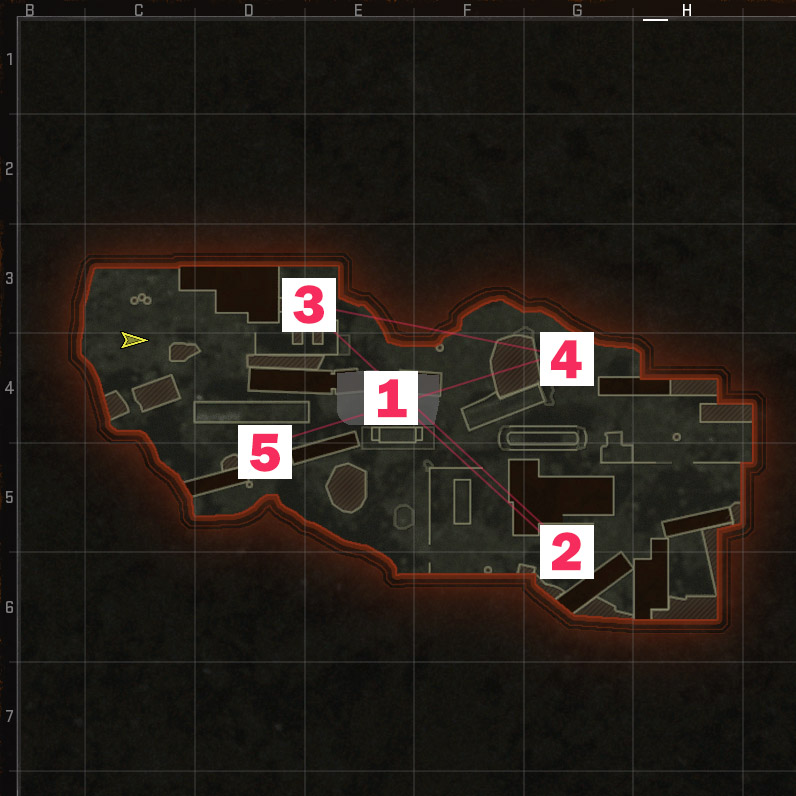 An image of the locations of each Hardpoint for a Call of Duty Black Ops 6 map.