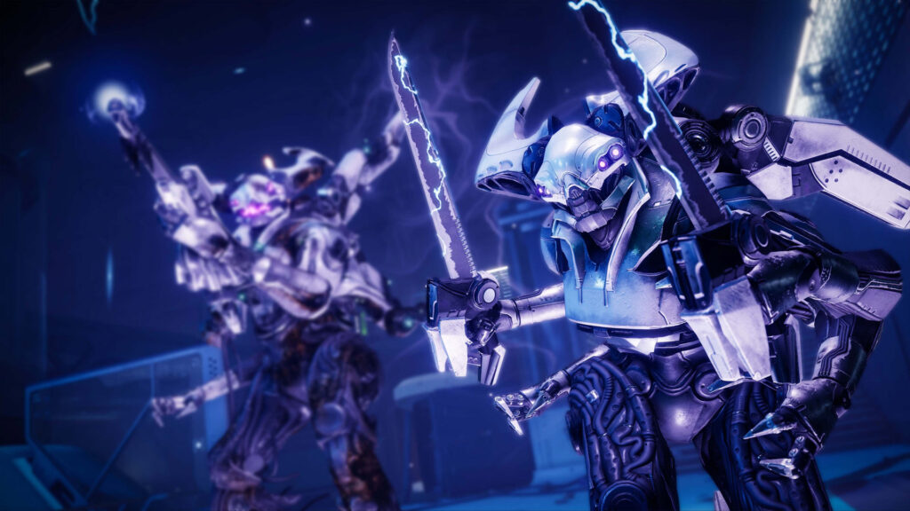 Two Eliksni soldiers with arc weapons prepare for battle in Destiny 2.