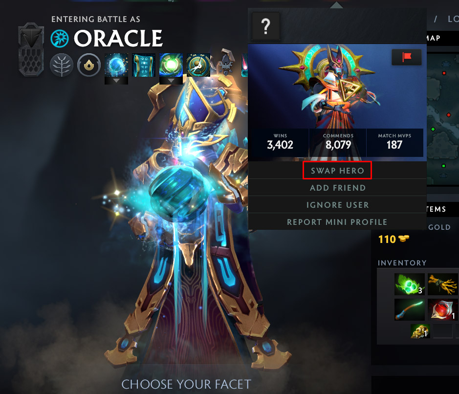 A screenshot of the swap hero screen in Dota 2 during a draft.