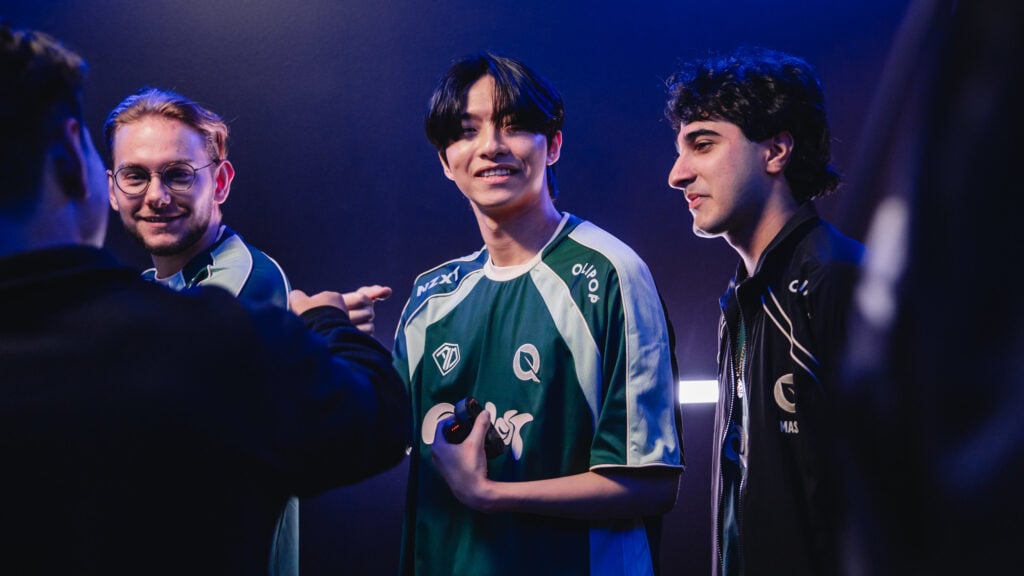  Inspired, Quad and Massu of FlyQuest are seen backstage at the League of Legends World Championship 2024 Swiss Stage on October 10, 2024 in Berlin, Germany.